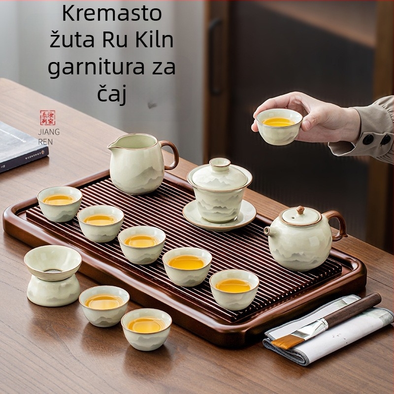Ru kiln čajni set s čajnikom Xi Shi, glazirana keramika, kapacitet 6 osoba, uključuje čajni pladanj, prilagodljiv, za kućnu upotrebu, novi kineski nacionalni stil