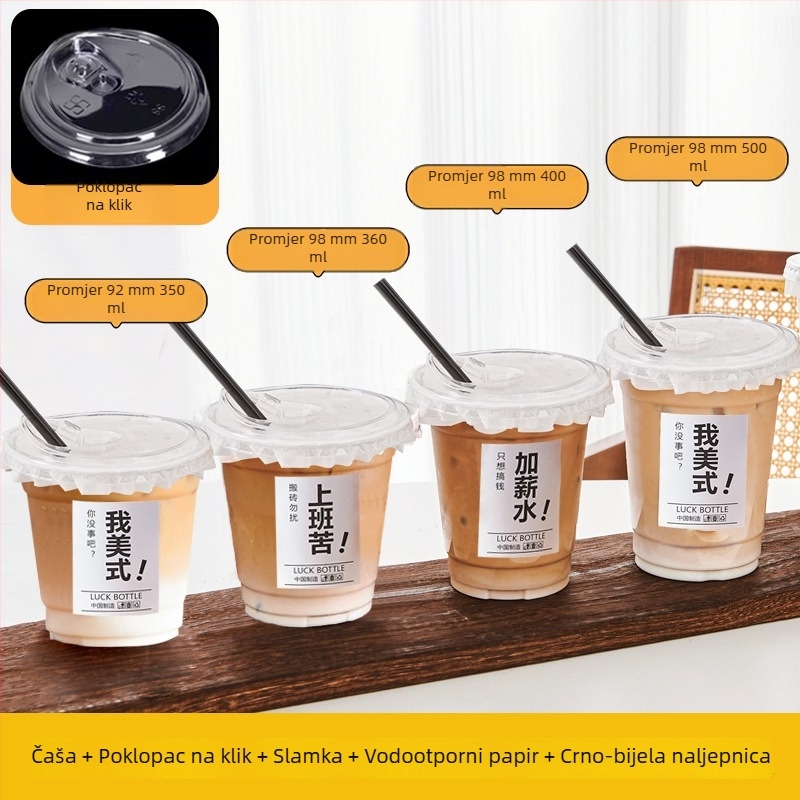 Jednokratna prozirna PET čaša za hladna pića s poklopcem, 260–500 ml, za mlijeko čaj i latte kavu, s logom