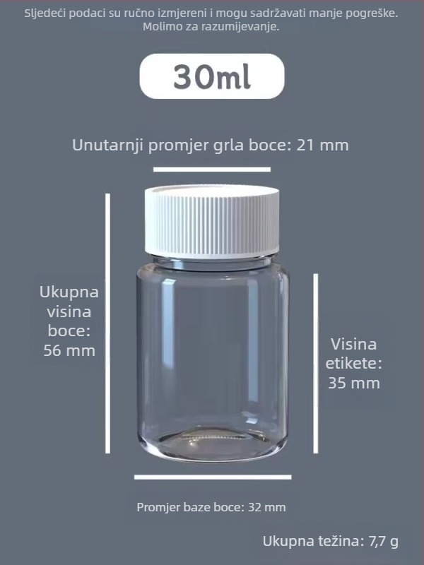 30 ml kvadratna prozirna PET bočica za tablete, širokog otvora, s navojnim čepom