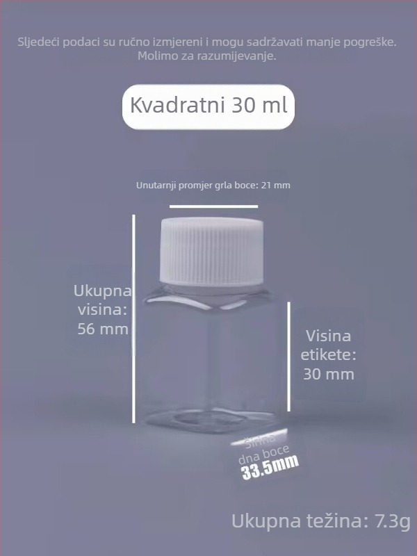 30 ml kvadratna prozirna PET bočica za tablete, širokog otvora, s navojnim čepom