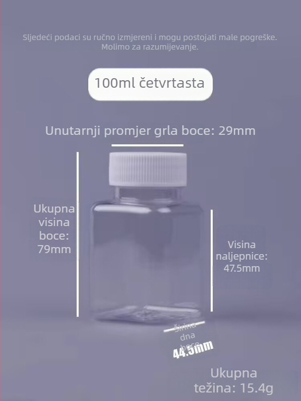 30 ml kvadratna prozirna PET bočica za tablete, širokog otvora, s navojnim čepom
