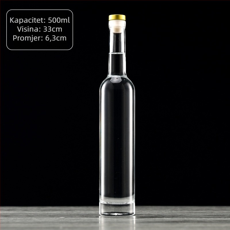 Uska boca od kristalnog stakla za vodku i vino, prozirna ili mat završna obrada, prazna boca za piće. Dostupne zapremine: 200 ml, 375 ml i 500 ml (ovalna ili duga).