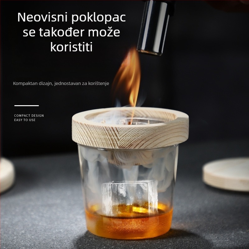 Drveni poklopac za koktele s dimljenjem za aromatiziranje, za viski i žestoka pića, s okruglim ledom