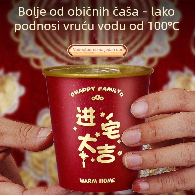 Crvene jednokratne papirnate čaše s zlatnom folijom, laminirane, 201–300 ml, za ceremoniju useljenja u novi dom