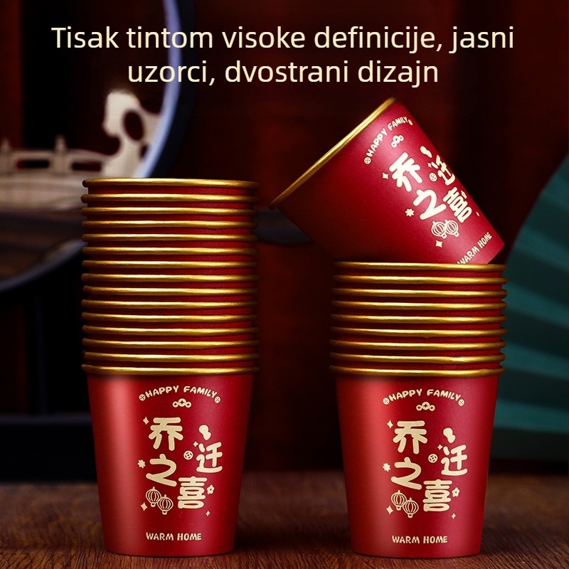 Crvene jednokratne papirnate čaše s zlatnom folijom, laminirane, 201–300 ml, za ceremoniju useljenja u novi dom