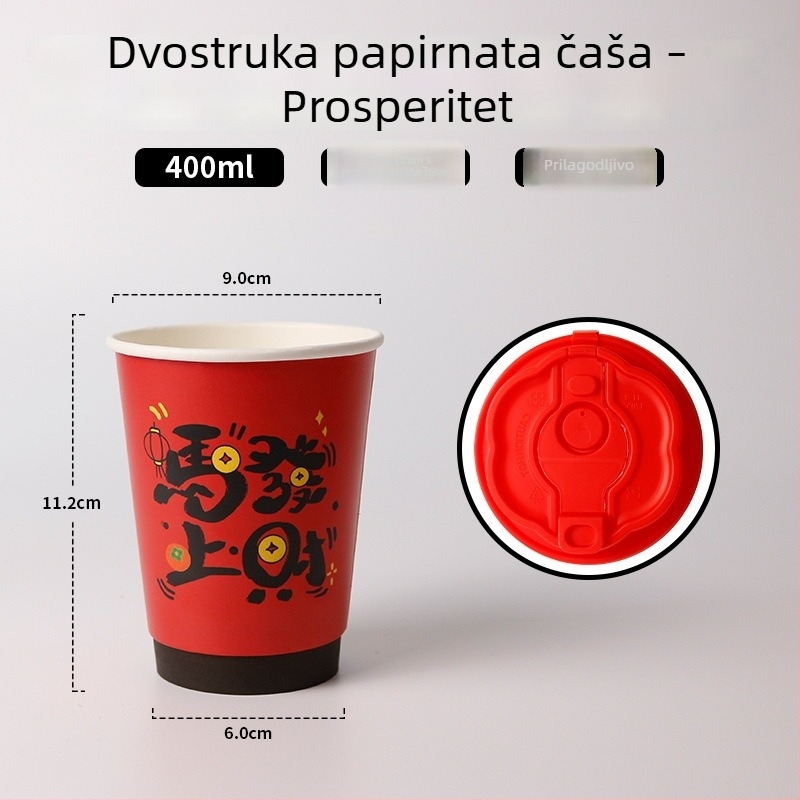 Crveni dvostruko-slojeni papirnati čaš s poklopcem, jednokratni za vruće napitke, otporan na visoke temperature, luksuzna čaša za čaj s mlijekom