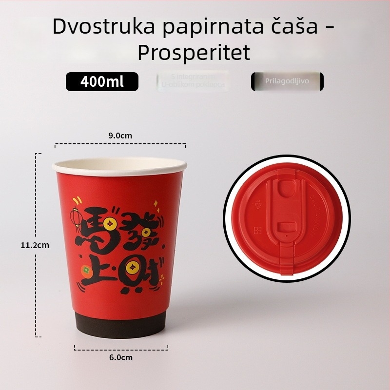 Crveni dvostruko-slojeni papirnati čaš s poklopcem, jednokratni za vruće napitke, otporan na visoke temperature, luksuzna čaša za čaj s mlijekom