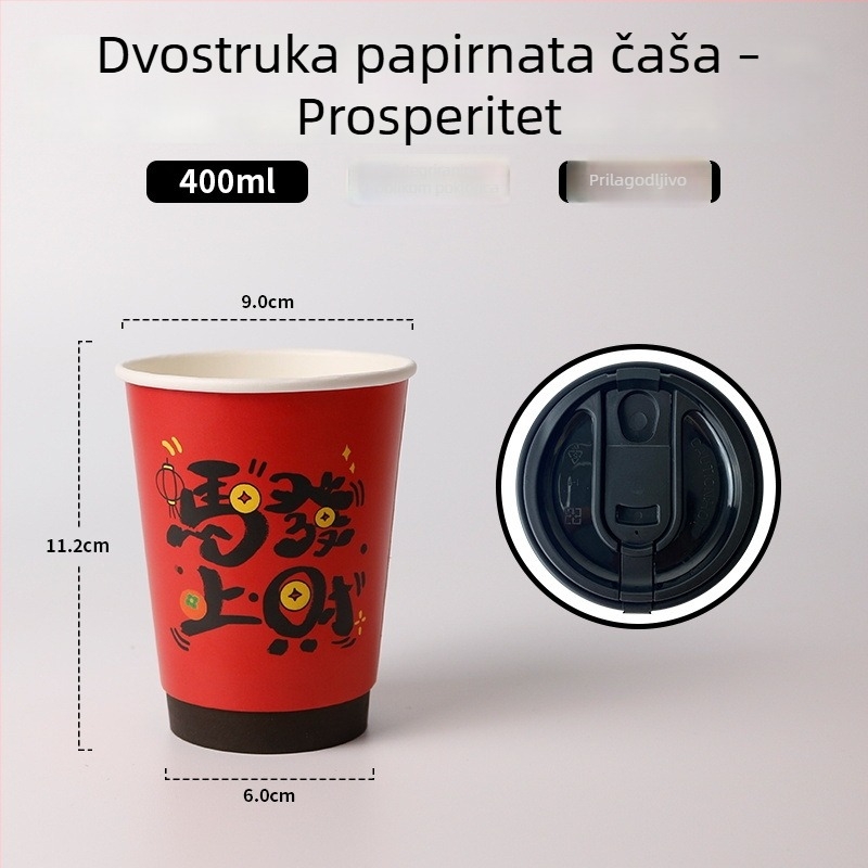 Crveni dvostruko-slojeni papirnati čaš s poklopcem, jednokratni za vruće napitke, otporan na visoke temperature, luksuzna čaša za čaj s mlijekom