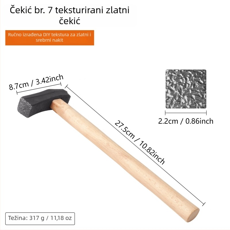 Čekić za teksturu s drvenom drškom – DIY graviranje nakita od zlata i srebra (narukvice i prsteni) s valovitim uzorkom
