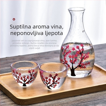 Stakleni set za sake s motivom šljive, japanskog stila, otporan na toplinu, zagrijavač, 4 komada