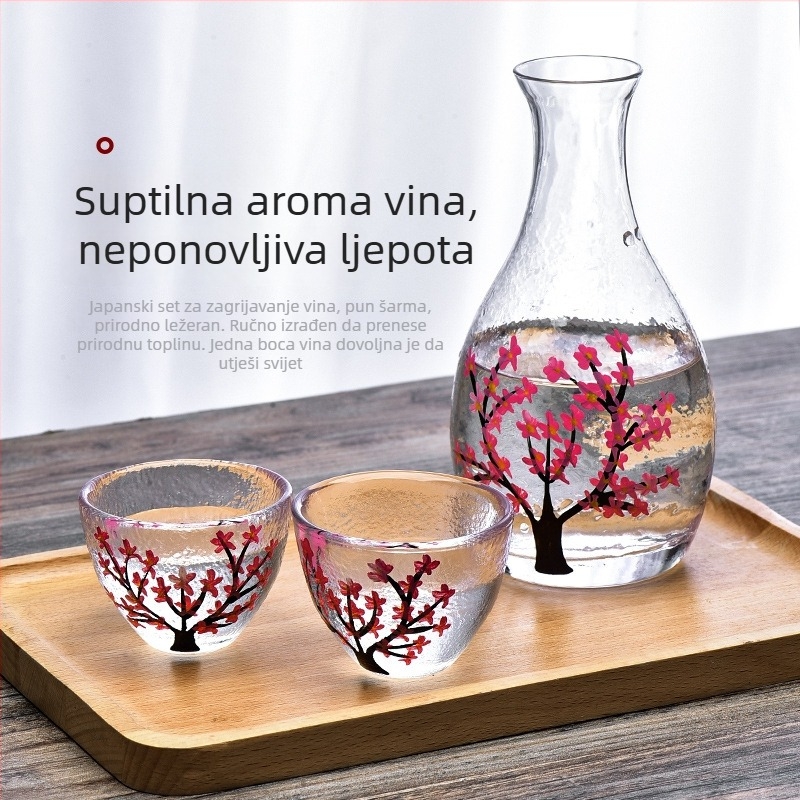Stakleni set za sake s motivom šljive, japanskog stila, otporan na toplinu, zagrijavač, 4 komada