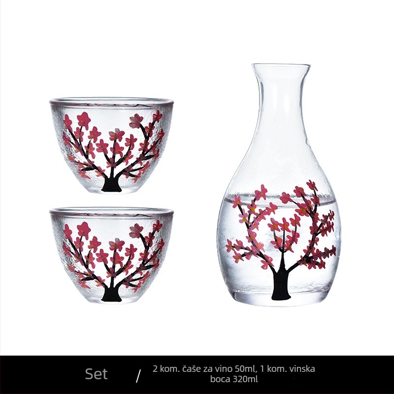 Stakleni set za sake s motivom šljive, japanskog stila, otporan na toplinu, zagrijavač, 4 komada