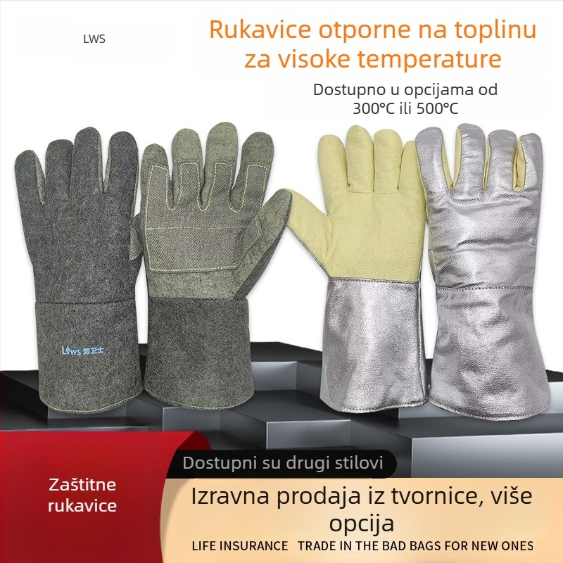 Rukavice otporne na visoke temperature s izolacijom 1000°C/500°C, otporne na požar, otporne na habanje, pet prstiju, debele protiv opeklina