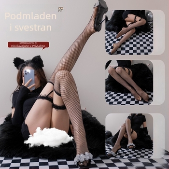 Crne mrežaste čarape s čipkom, s jartijerom i prstenima za stopala, sexy iznad koljena za žene