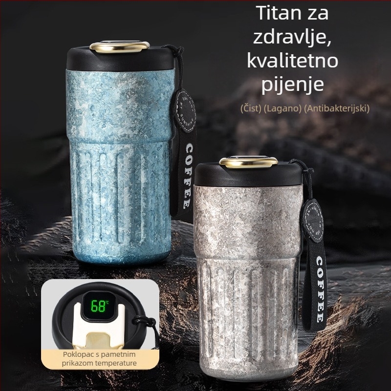 Dvoslojna čaša od čistog titana, izolirana čaša od titanijskog legura, 420 ml, putna šalica s prikazom temperature