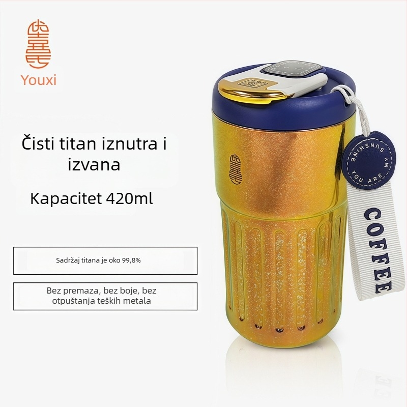 Dvoslojna čaša od čistog titana, izolirana čaša od titanijskog legura, 420 ml, putna šalica s prikazom temperature