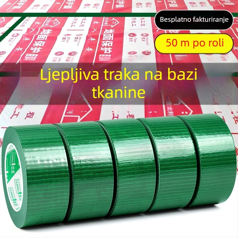 Tekstilna ljepljiva traka za zaštitu poda i učvršćivanje tepiha, velika rola 50 m, širina 4,8 cm ili 6 cm, bez ostataka, boje: zelena, srebrna, crvena, crna.