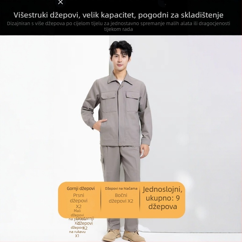 Muški komplet radne odjeće od 100% pamuka, čvrste tkanine, jednobojni, za proljeće i jesen; za električara i zavarivača.