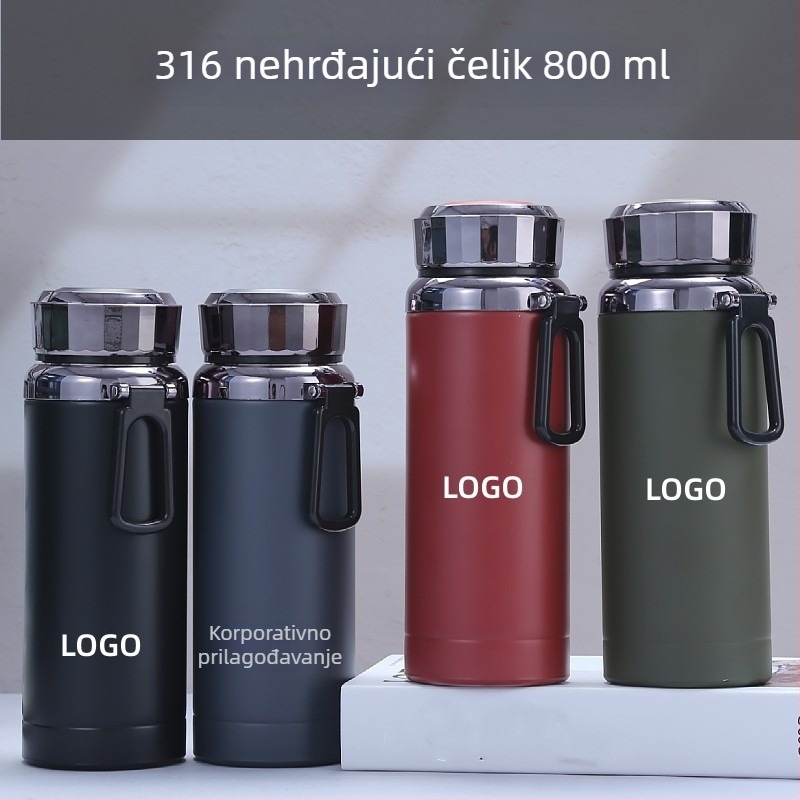 Termos boca za vodu 800 ml od nehrđajućeg čelika 316, velika kapaciteta, za vanjsku upotrebu, s užetom za nošenje i odvodom za čaj