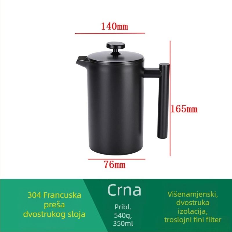 Crna posuda za kavu od 304 nerđajućeg čelika, francuska presa s europskim filtrom i infuzorom za čaj