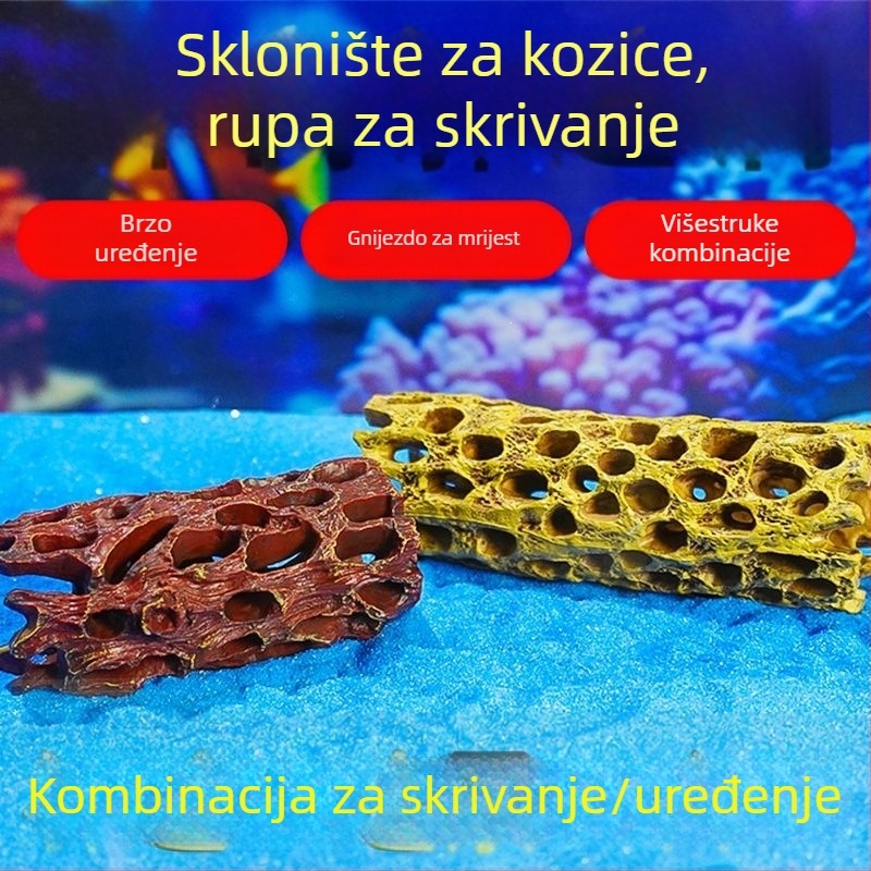 Dekor za akvarij u stilu rockery s skrivnim špiljama, kućicama za ribe i gnijezdima za škampi te korijenim dekorom