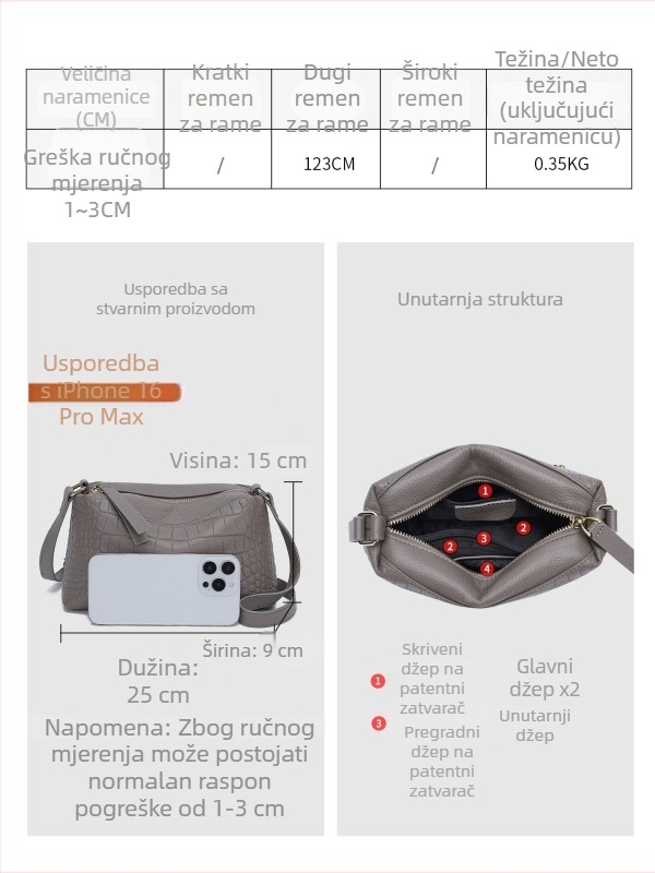 Koža prvog sloja teleće kože sa kamenim uzorkom, ljetna kožna torba preko ramena za žene, moderna, ležerna i svestrana