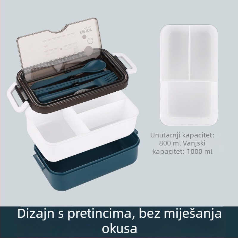 Kutija za ručak pogodna za mikrovalnu pećnicu, s poklopcem i podijeljenim odjeljcima, prenosna za studente i zaposlenike, materijal prehrambene kvalitete, s priborom