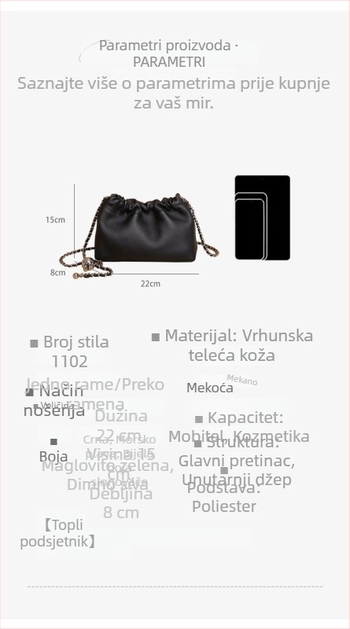 Ženska bucket torba od prave kože s lancem malih zlatnih kuglica, preko ramena