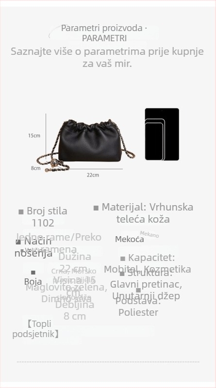 Ženska bucket torba od prave kože s lancem malih zlatnih kuglica, preko ramena