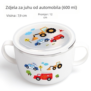Dječja zdjela za juhu od nehrđajućeg čelika 316 s poklopcem, okruglog oblika, crtani uzorak, glazirana površina