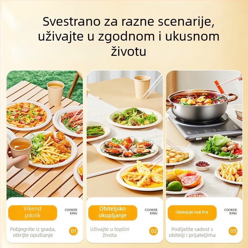 Jednokratne tanjuri i posuđe od celuloze dobivene iz šećerne trstike, kvaliteta hrane, vodootporno i otporno na masnoće, prirodna boja, biološki razgradivo.
