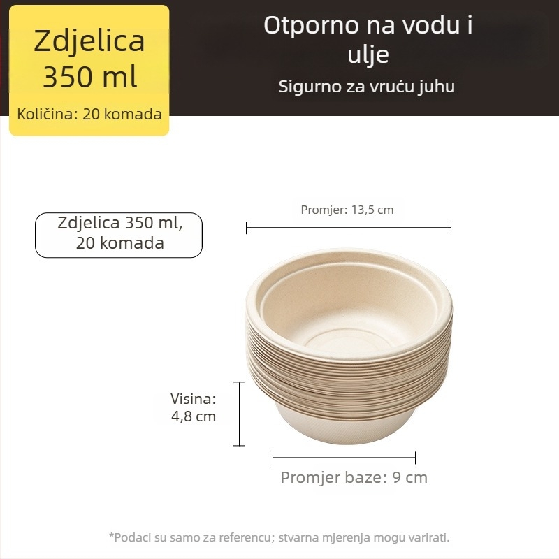 Jednokratne tanjuri i posuđe od celuloze dobivene iz šećerne trstike, kvaliteta hrane, vodootporno i otporno na masnoće, prirodna boja, biološki razgradivo.