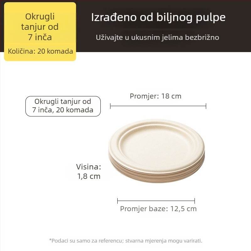 Jednokratne tanjuri i posuđe od celuloze dobivene iz šećerne trstike, kvaliteta hrane, vodootporno i otporno na masnoće, prirodna boja, biološki razgradivo.