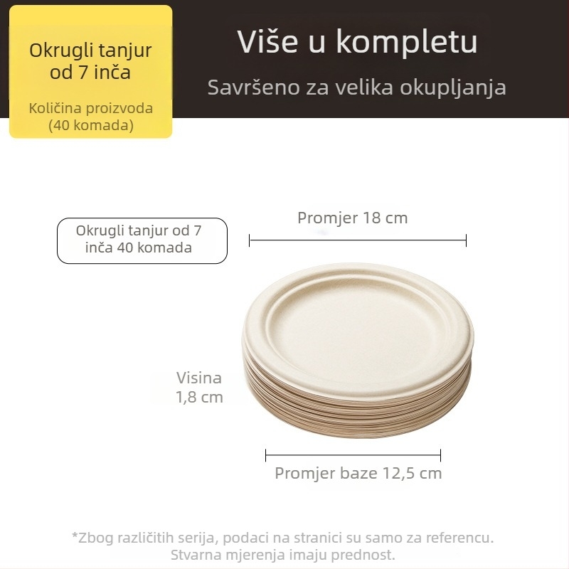 Jednokratne tanjuri i posuđe od celuloze dobivene iz šećerne trstike, kvaliteta hrane, vodootporno i otporno na masnoće, prirodna boja, biološki razgradivo.