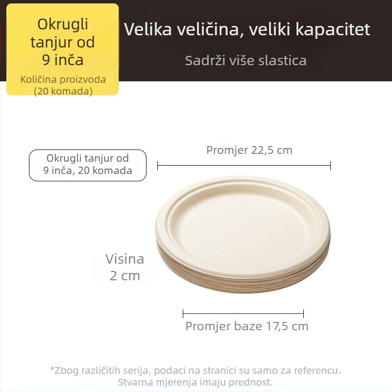 Jednokratne tanjuri i posuđe od celuloze dobivene iz šećerne trstike, kvaliteta hrane, vodootporno i otporno na masnoće, prirodna boja, biološki razgradivo.