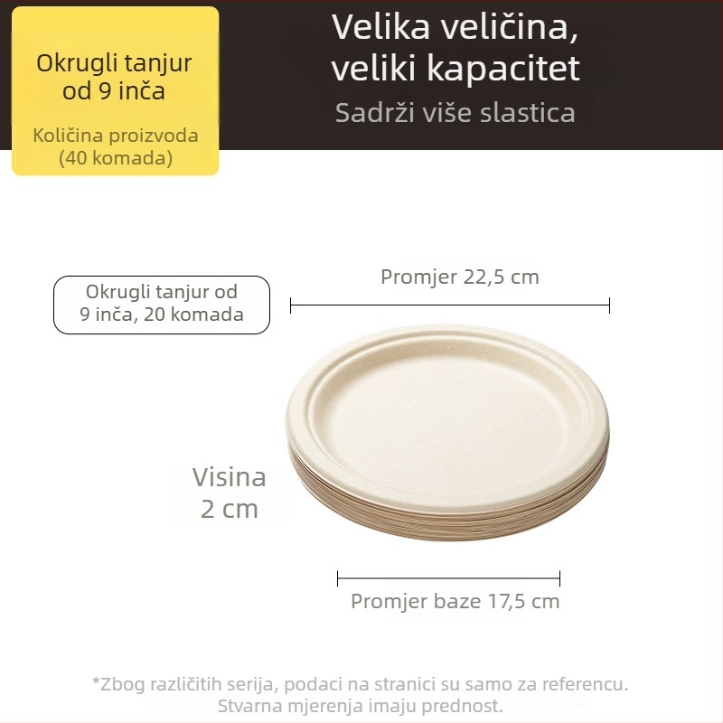 Jednokratne tanjuri i posuđe od celuloze dobivene iz šećerne trstike, kvaliteta hrane, vodootporno i otporno na masnoće, prirodna boja, biološki razgradivo.