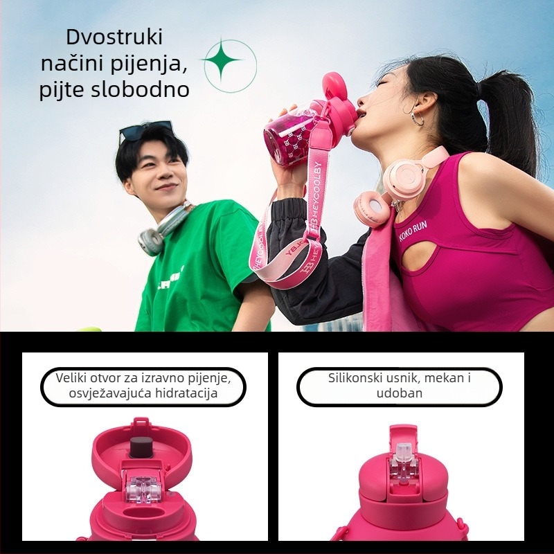 Plastična boca za vodu velikog kapaciteta, sa slamkom, prenosna uz remenom i poklopcem