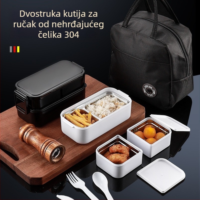 Kutija za ručak od nehrđajućeg čelika, izolirana, kompatibilna s mikrovalnom pećnicom, s vilicom i žličicom, prehrambene kvalitete