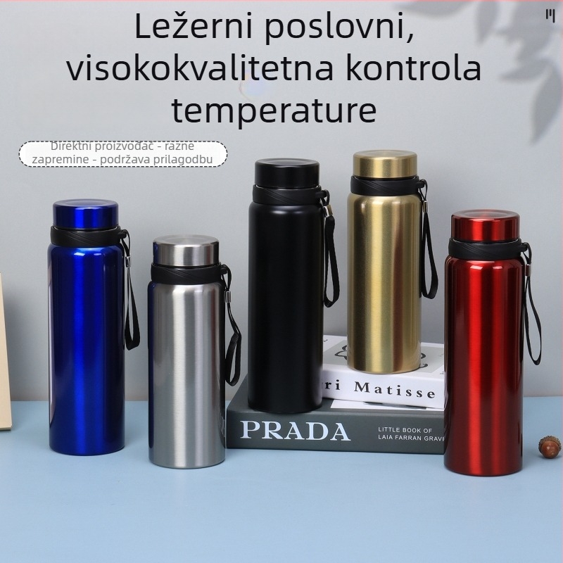 Prijenosni vakuumski izolirani termos šalice velike kapacitete za uredsku upotrebu; unutarnji 304 inox, vanjski 201 inox; izolacija 6–12 sati; mogućnost prilagođenog logotipa (graviranje laserom, sitotisak, 3D ispis)