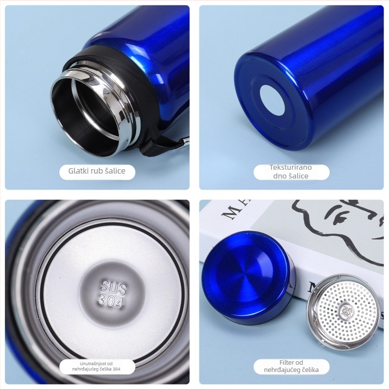 Prijenosni vakuumski izolirani termos šalice velike kapacitete za uredsku upotrebu; unutarnji 304 inox, vanjski 201 inox; izolacija 6–12 sati; mogućnost prilagođenog logotipa (graviranje laserom, sitotisak, 3D ispis)