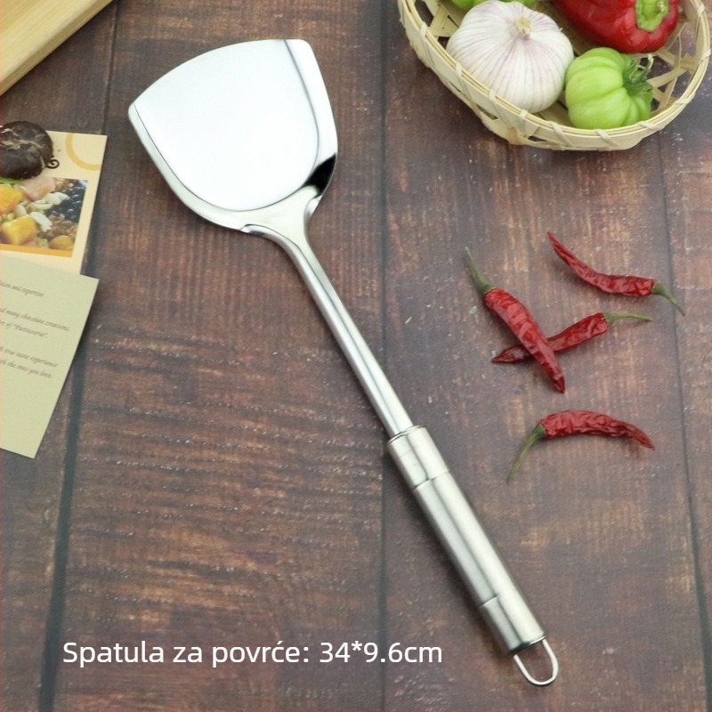 Set kuhinjskih alata od nehrđajućeg čelika: lopatica za povrće, juha žlica, spatula za prženje i dvostruka spatula sa sjajnom ručkom; ne magnetno čelik 201.