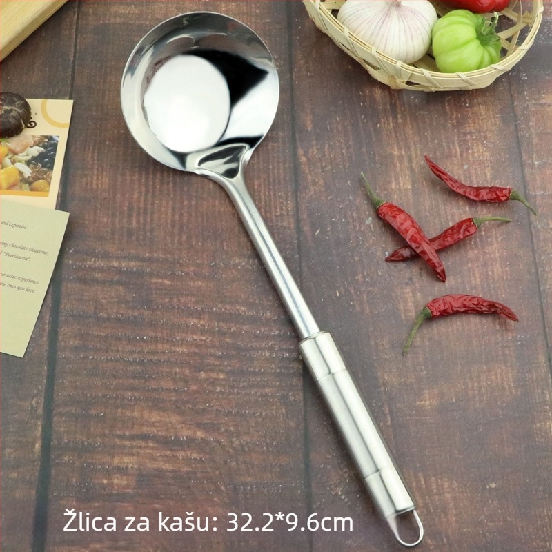 Set kuhinjskih alata od nehrđajućeg čelika: lopatica za povrće, juha žlica, spatula za prženje i dvostruka spatula sa sjajnom ručkom; ne magnetno čelik 201.