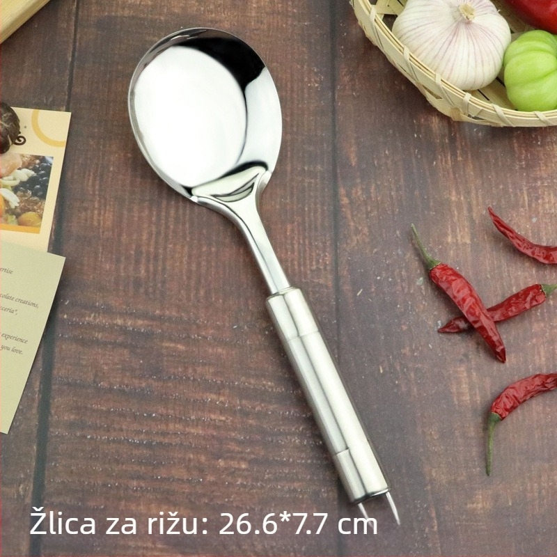 Set kuhinjskih alata od nehrđajućeg čelika: lopatica za povrće, juha žlica, spatula za prženje i dvostruka spatula sa sjajnom ručkom; ne magnetno čelik 201.
