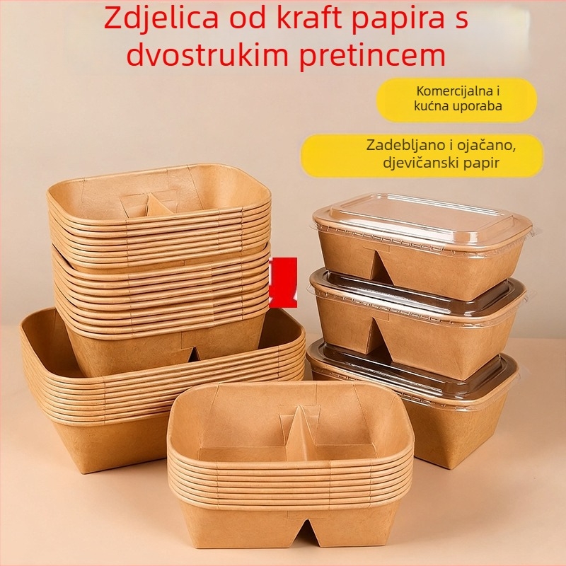 Dvodijelna kutija za ručak od kraft papira, jednokratna posuda, mikrovalna sigurnost i hlađenje, pravokutna kutija za piknik