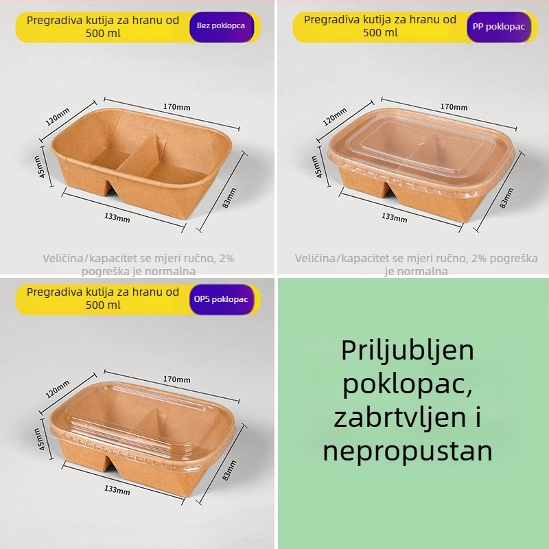 Dvodijelna kutija za ručak od kraft papira, jednokratna posuda, mikrovalna sigurnost i hlađenje, pravokutna kutija za piknik