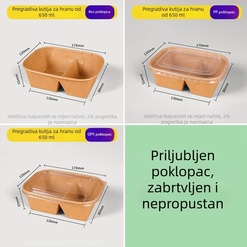 Dvodijelna kutija za ručak od kraft papira, jednokratna posuda, mikrovalna sigurnost i hlađenje, pravokutna kutija za piknik