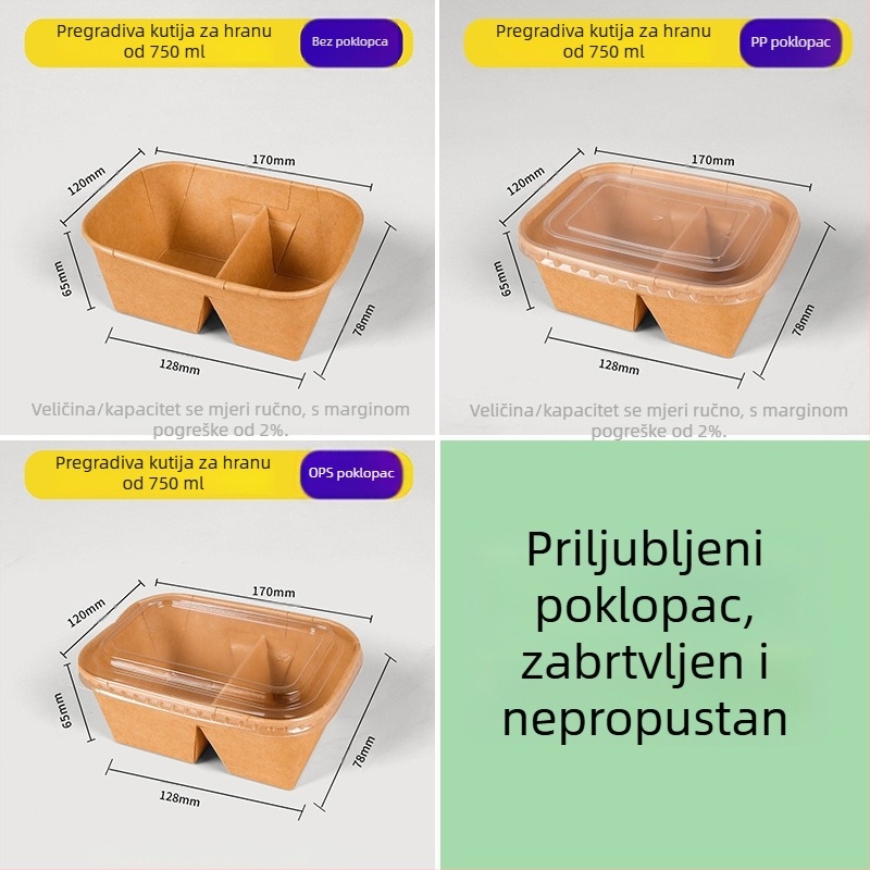 Dvodijelna kutija za ručak od kraft papira, jednokratna posuda, mikrovalna sigurnost i hlađenje, pravokutna kutija za piknik