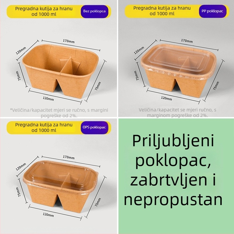 Dvodijelna kutija za ručak od kraft papira, jednokratna posuda, mikrovalna sigurnost i hlađenje, pravokutna kutija za piknik