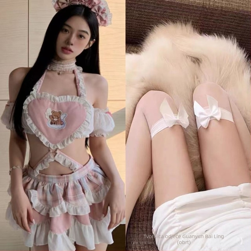 Lolita nadahnut seksi set donjeg rublje u stilu sobarice, motiv srce medvjeda i suknja koja otkriva stražnjicu, od poliestera