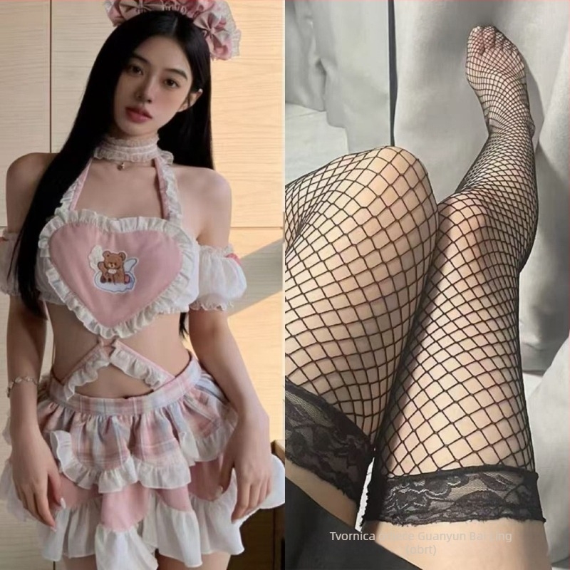 Lolita nadahnut seksi set donjeg rublje u stilu sobarice, motiv srce medvjeda i suknja koja otkriva stražnjicu, od poliestera